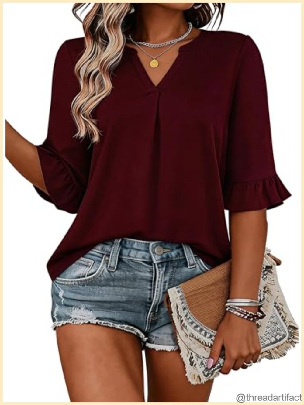 Womens Tunic Top 3/4 Sleeve V Neck Blouse Loose Fit Dressy Casual Work Shirt